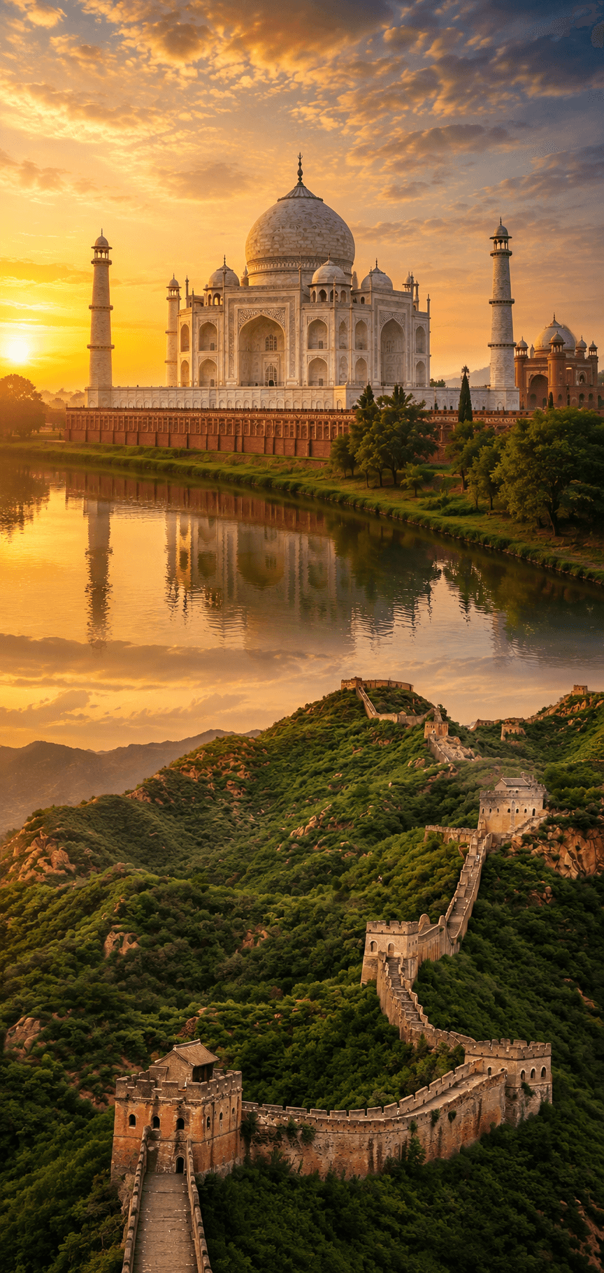 The Taj Mahal and the Great Wall of China at sunrise