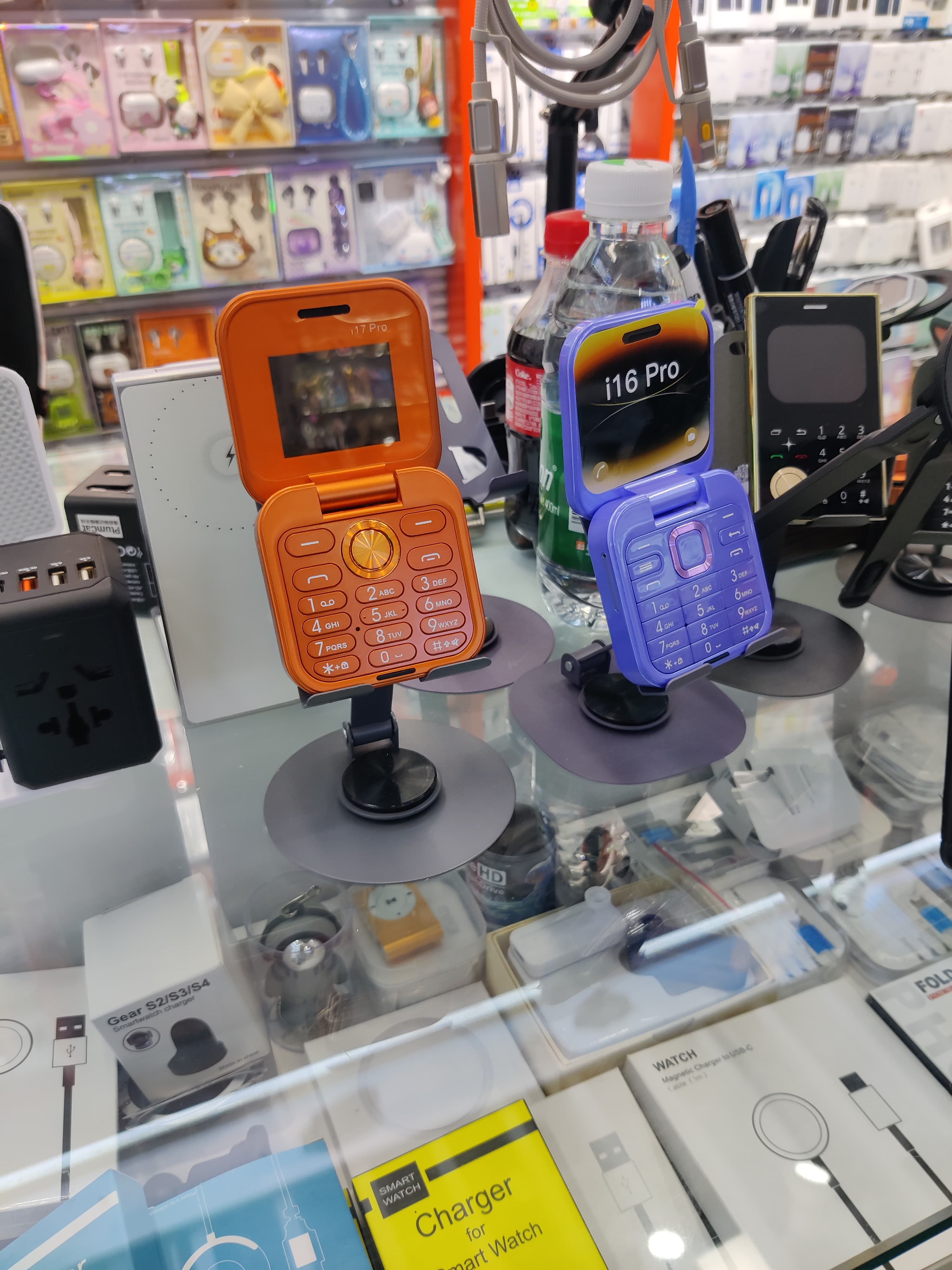 Consumer electronics on display in a market stall
